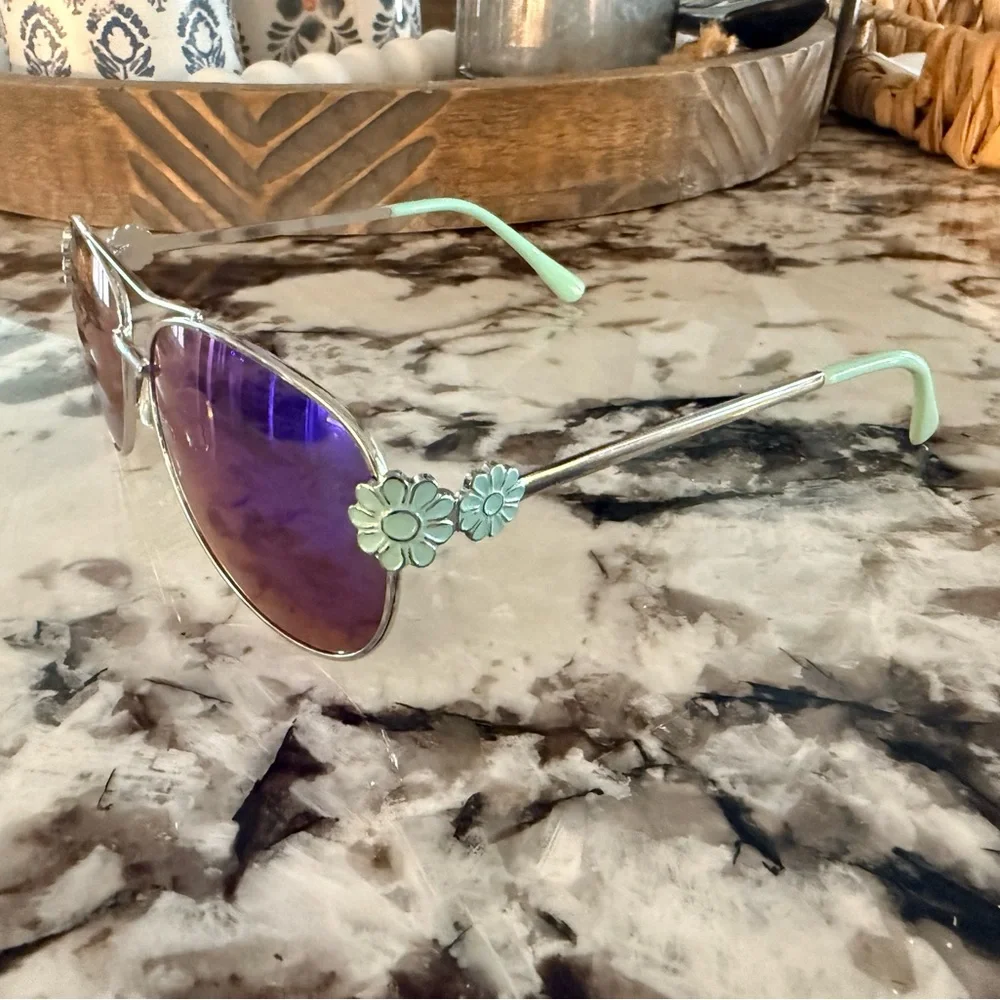 Girls Floral Aviator Sunglasses Mirrored Lenses Shades
